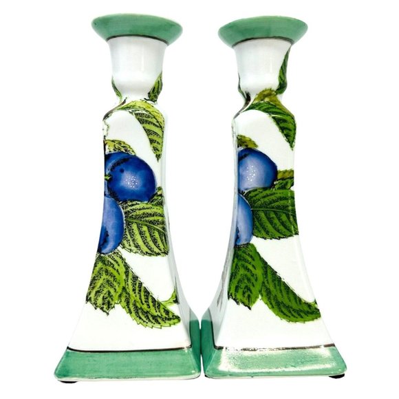 China Trader Tapered Candle Holders Ceramic Blue Plums Pattern 9" Set Of Two - Picture 3 of 7